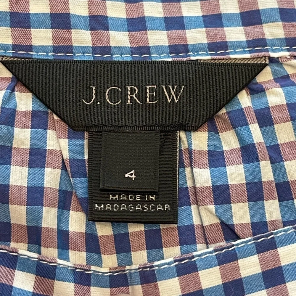 J crew white blue micro plaid puff sleeve cotton blouse